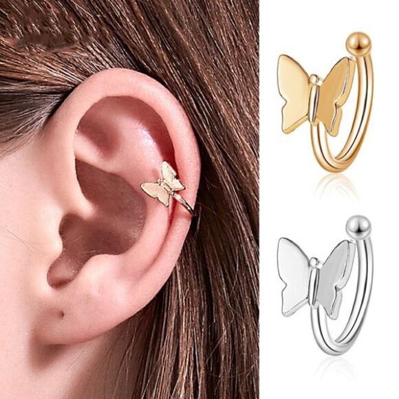 Butterfly Ear Clip Cartilage Earrings, Gold - Picture 1 of 9